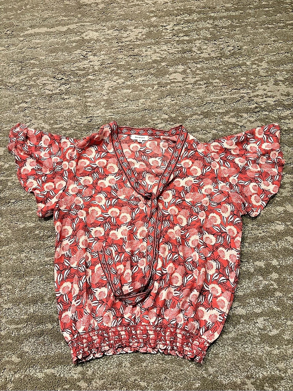 MAX STUDIO Floral Flutter Sleeve Bubble Hem Top Floral Blouse Red & Pink Medium